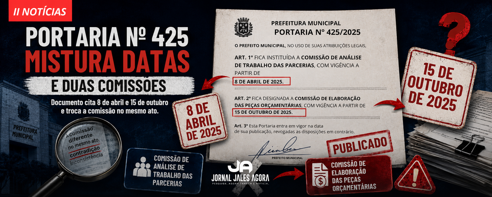 PORTARIA DA PREFEITURA DE JALES MISTURA DATAS E DUAS COMISSÕES NO MESMO ATO