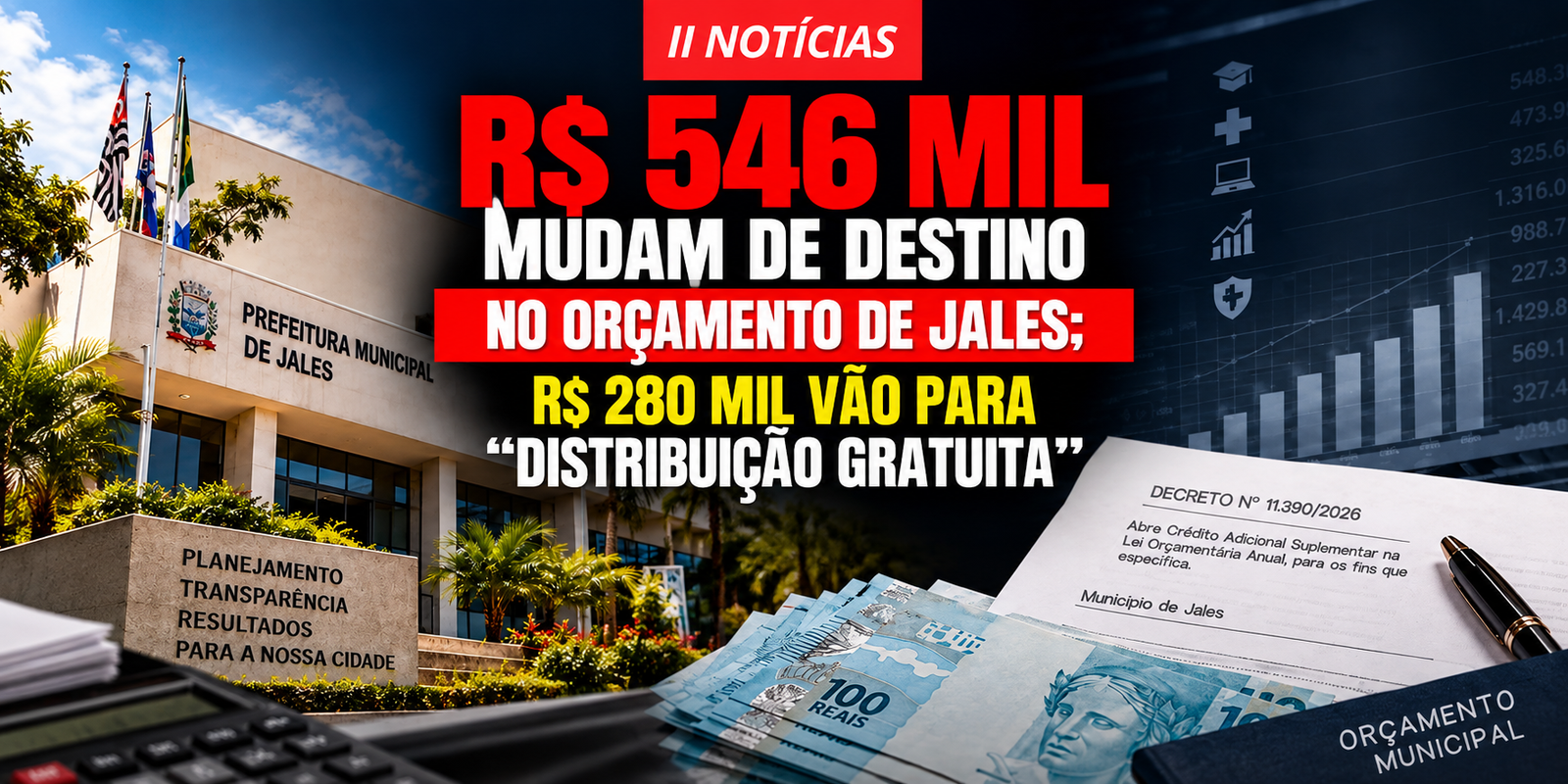R$ 546 MIL MUDAM DE DESTINO EM JALES; R$ 280 MIL VÃO PARA “DISTRIBUIÇÃO GRATUITA”